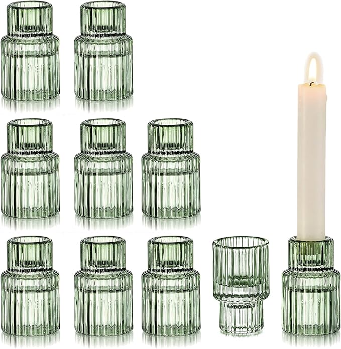 Glass Candle Sticks Holder Decor: Crystal Green Glass Candle Holder Set of 10 Modern Taper Candle Holders for Table Centerpiece Ribbed Tapered Candlestick Holders for Dining Room Decoration Valentines