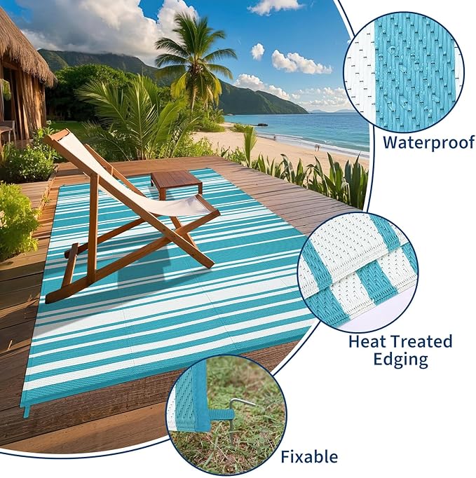 Outdoor Patio Rug 9x12 Stain-Resistant Reversible Camping Mat, Modern Striped Outdoor Plastic Straw Rug, Waterproof Outside Carpet, Easy to Clean for RV, Porch, Deck, Balcony, Light Blue