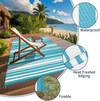 Outdoor Patio Rug 9x12 Stain-Resistant Reversible Camping Mat, Modern Striped Outdoor Plastic Straw Rug, Waterproof Outside Carpet, Easy to Clean for RV, Porch, Deck, Balcony, Light Blue