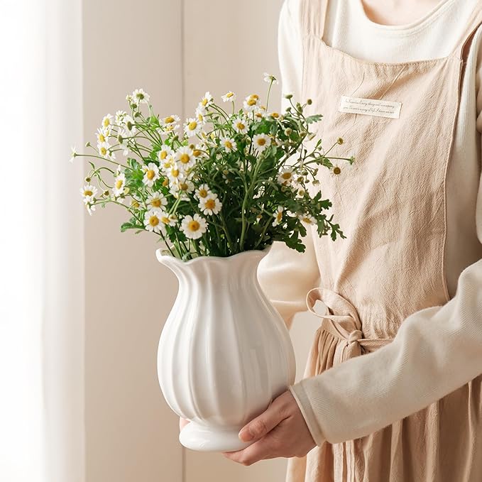 White Ceramic Vase, 7.6 Inch Flower Vase Home Decor Modern Decorative Vases for Bouquet, Unique Vases for Farmhouse Living Room Cabinet Table Centerpieces Wedding Decorations