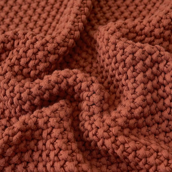 Longhui bedding Chunky Cable Knit Throw Blanket Lightweight Rust 100% Organic Cotton Blanket for Sofa Couch Bed Baby Nursery, Rustic Shabby Chic Modern Farmhouse, 60” x 80” Give Laundering Bag