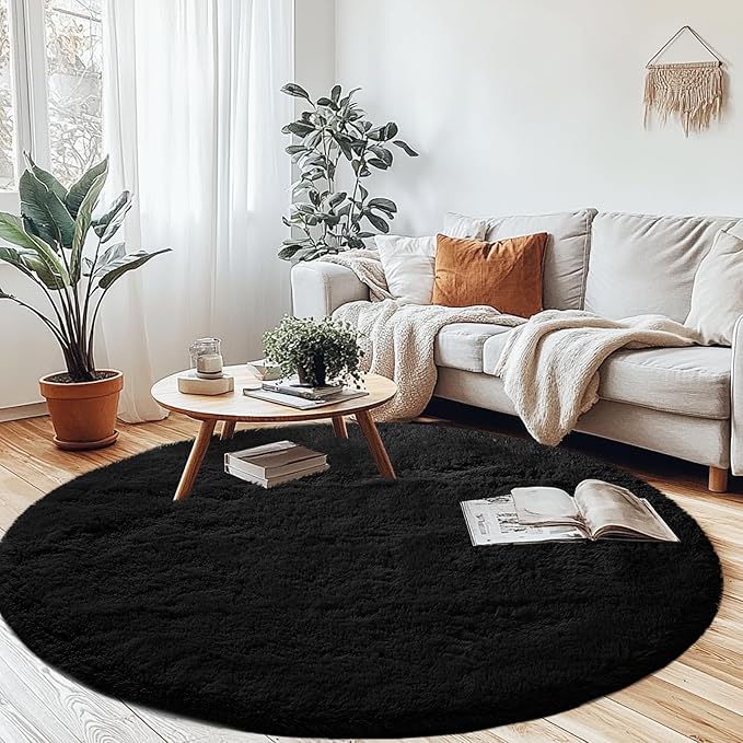 CAIYUECS Black Round Rug for Bedroom 5x5Feet: Soft and Fluffy Area Rug for Boys Bedroom- Black Oval Furry Plush Rug for Kids Room, Nursery, 5ft