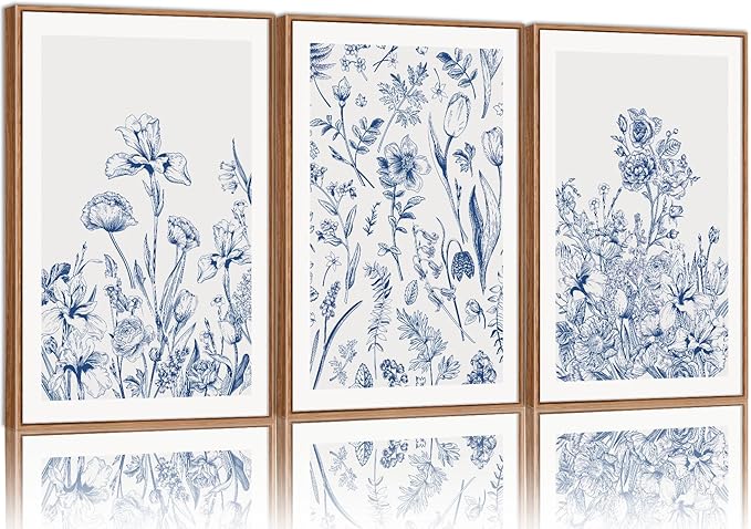 SIGNINART Classic Chinoiserie Framed Canvas Wall Art Set, Blue and White Floral Art Painting, Minimalist Botanical Flower Artwork, Navy Blue Wall Decor for Bedroom, Living Room, Office 16"x24"x3