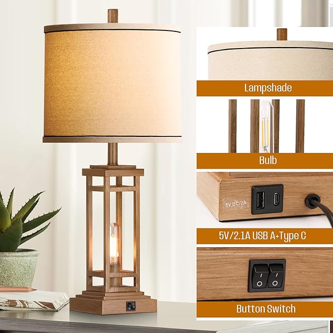 27.5 Tall Farmhouse Table Lamps with USB C + USB A Charge Ports, Rustic Living Room Lamps Set of 2, Black Industrial End Table Lamp for Bedroom Living Room Nightstand (Wood)