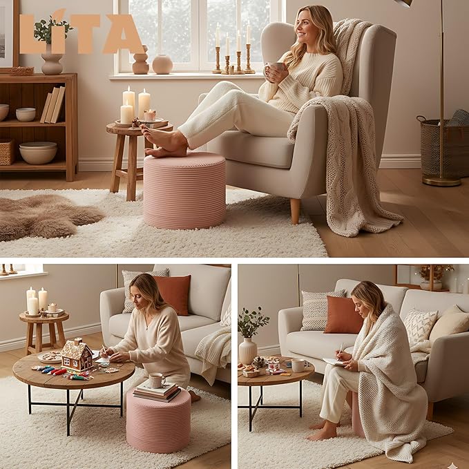 LITA Round Stuffed Pouf Ottoman, Velvet Poufs with High-Density Foam Filling and Washable Cover, Furry and Fluffy Bean Bag Foot Stools Ottoman for Living Room, Bedroom, Office, Pink