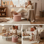 LITA Round Stuffed Pouf Ottoman, Velvet Poufs with High-Density Foam Filling and Washable Cover, Furry and Fluffy Bean Bag Foot Stools Ottoman for Living Room, Bedroom, Office, Pink