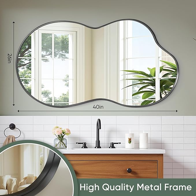 Suidia Irregular Wall Mirror, 40"x26" Bathroom Mirror Asymmetrical Mirrors Artistic Mirrors Decorative for Living Room Bedroom Bathroom Hallway Entryway, Black, Cloud Style