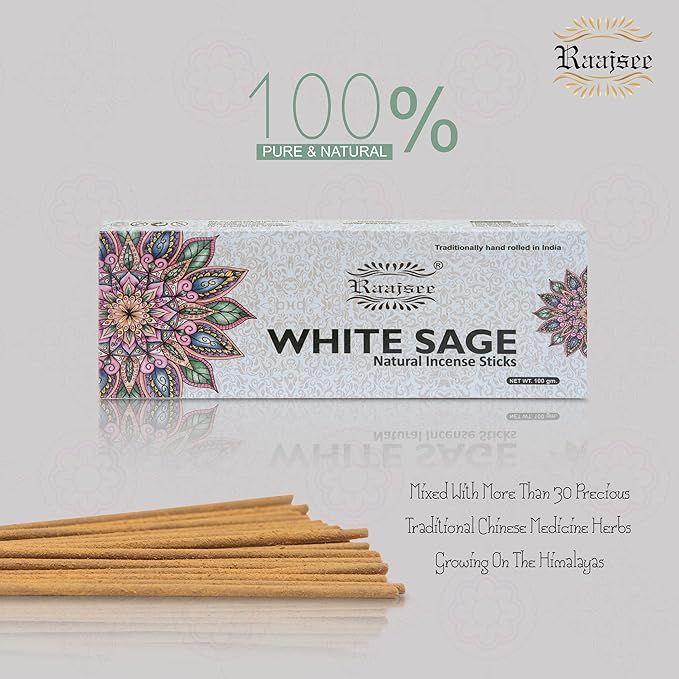 Raajsee White Sage Incense Sticks, 100%-Natural Charcoal Free Organic Non Toxic Clean Burning Handmade Insence Sticks 100 gm Pack, Meditation Gifts – Spritual Cleansing