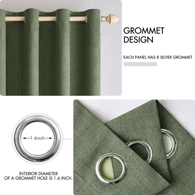 MIULEE 100% Blackout Linen Textured Curtains for Bedroom Solid Thermal Insulated Olive Green Grommet Room Darkening Curtains & Drapes Luxury Decor for Living Room Nursery 52 x 84 Inch (2 Panels)