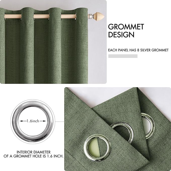 MIULEE 100% Blackout Linen Textured Curtains for Bedroom Solid Thermal Insulated Olive Green Grommet Room Darkening Curtains & Drapes Luxury Decor for Living Room Nursery 52 x 120 Inch (2 Panels)