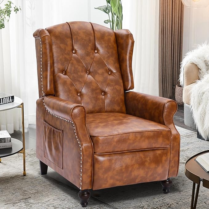 Wingback Recliner Chair with Heat and Massage, PU Leather Push Back Recliner Chair for Living Room, Vintage Wingback Recliner with Remote Control,Padded Cushion,Backrest,Wooden Legs