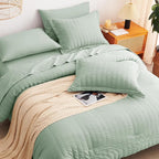CozyLux King Size Comforter Set Sage Green Seersucker 7 Pieces Bed in a Bag King Comforter Set with Sheets, Luxury Bedding Set with Down Alternative Comforter, Sheets, Pillowcases & Shams All Seasonss