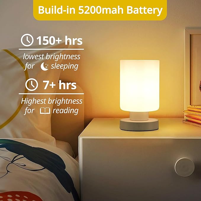 Cordless Bedside Lamp, Portable Rechargeable Table Lamps for Bedroom for Night Stands, Touch Stepless Dimmable Desk Lamp, Warm LED Bulb, Cylindrical Shape, 1 Set, White