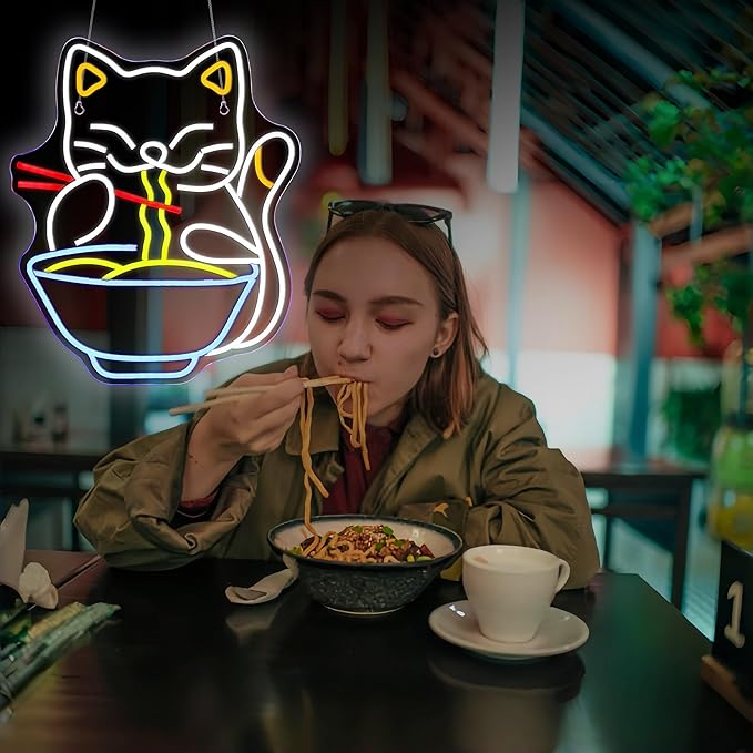Cat Ramen Neon Sign for Wall Decor Led Neon Lights Cat Ramen Light Up Signs for Birthday Party Club Gift