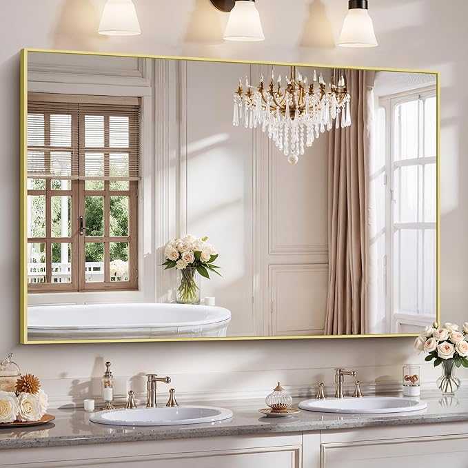 YIROMAN Bathroom Mirror 60"x40", Large Brushed Gold Bathroom Mirror for Over Sink with Aluminum Frame, Rectangular Vanity Mirror with Right Angle, Wall Mirror Hangs Horizontal or Vertical