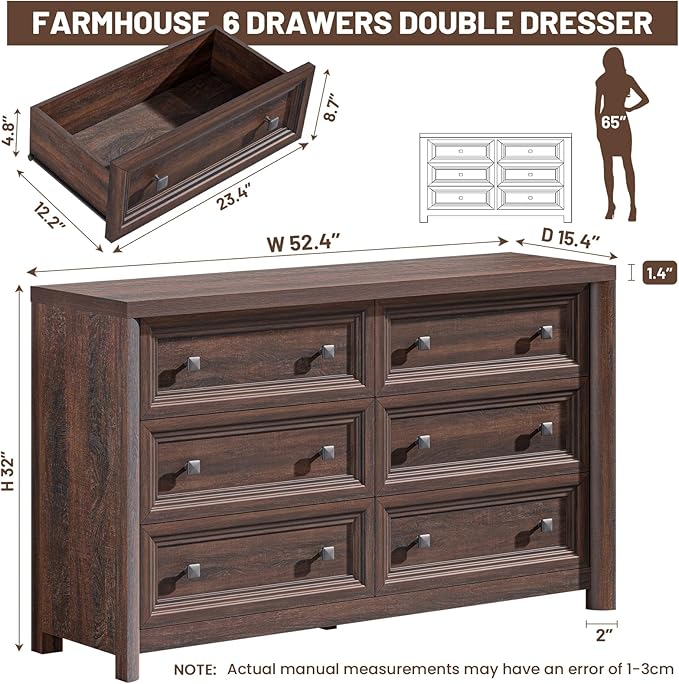 Farmhouse Walnut 6 Drawers Dresser for Bedroom, 52" Wide Chest of Drawers with Metal Knobs, Vintage Wooden Dresser TV Stand, Closet Drawer Organizer for Bedroom, Nursery