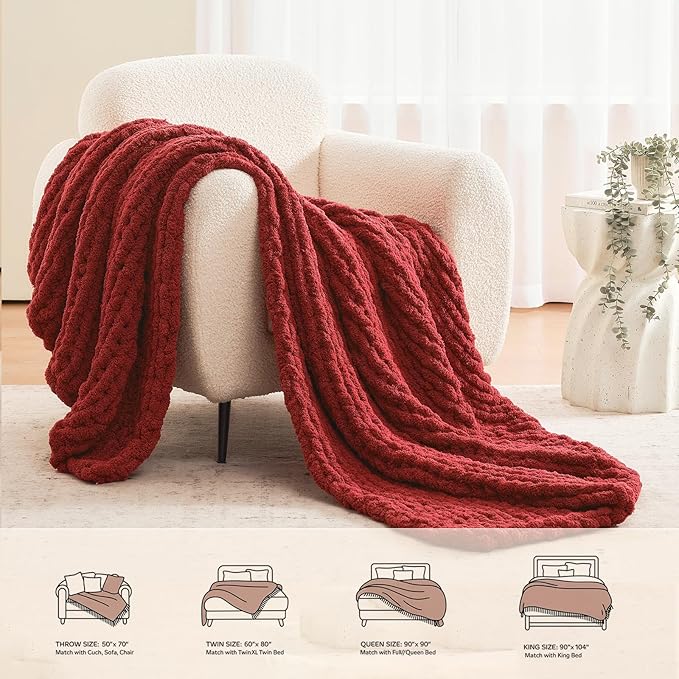 L'AGRATY Chunky Knit Blanket Throw: 50''x60'' Chenille Chunky Knitted Throw Blankets for Bed Couch - Handmade Thick Cable Knit Blanket - Large Crochet Rope Blankets for Home Decor(Maroon Red)