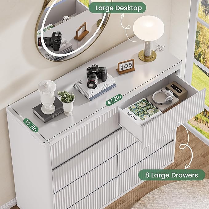 White 8 Drawer Dresser, Modern Fluted Dressers & Chest of Drawers for Bedroom, 48" Wide Dresser TV Stand with Deep Drawer, Curved Profile, Wood Organizer for Bedroom, Living Room, Hallway
