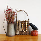 CVHOMEDECO. Wood Beads Garland with Tassels Farmhouse Rustic Wooden Prayer Bead String Wall Hanging Accent for Home Festival Decor. Gold Mix