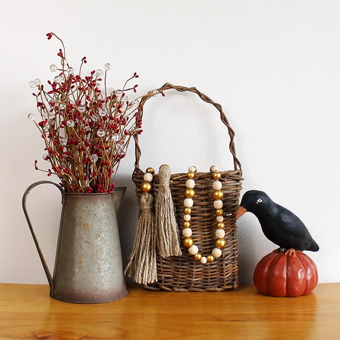 CVHOMEDECO. Wood Beads Garland with Tassels Farmhouse Rustic Wooden Prayer Bead String Wall Hanging Accent for Home Festival Decor. Gold Mix