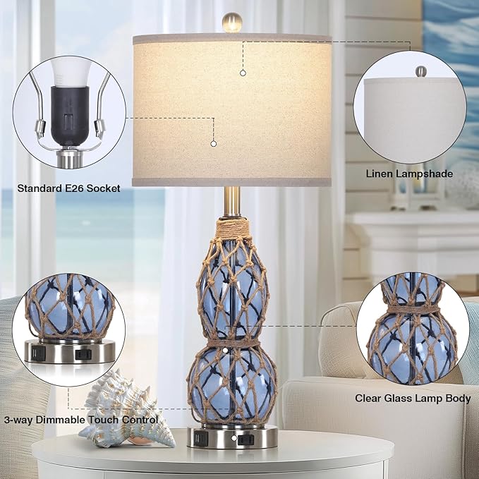 26" Coastal Glass Table Lamps Set of 2, 3-Way Dimmable Touch Lamps with USB Ports and AC Outlet, Nautical Bedside Lamps for Bedroom Living Room