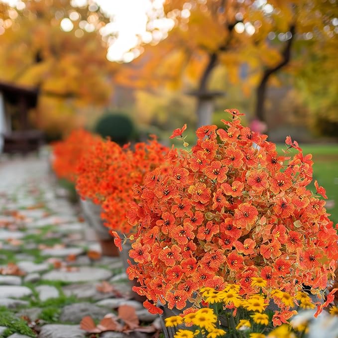 Set of 4 Artificial Fall Topiary Ball Flowers for Outdoor Decoration with Spike 20", UV Resistant Fake Autumn Floral Shrubs, Realistic Faux Bushes Plants for Garden,Yard,Porch and Patio Decor