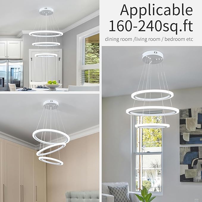 O'NEELDY Modern LED Chandeliers White Pendant Light Fixture 3 Ring Flush Mount Chandeliers with Adjustable Hanging Cord for Bedroom,Kitchen, Island Cafe
