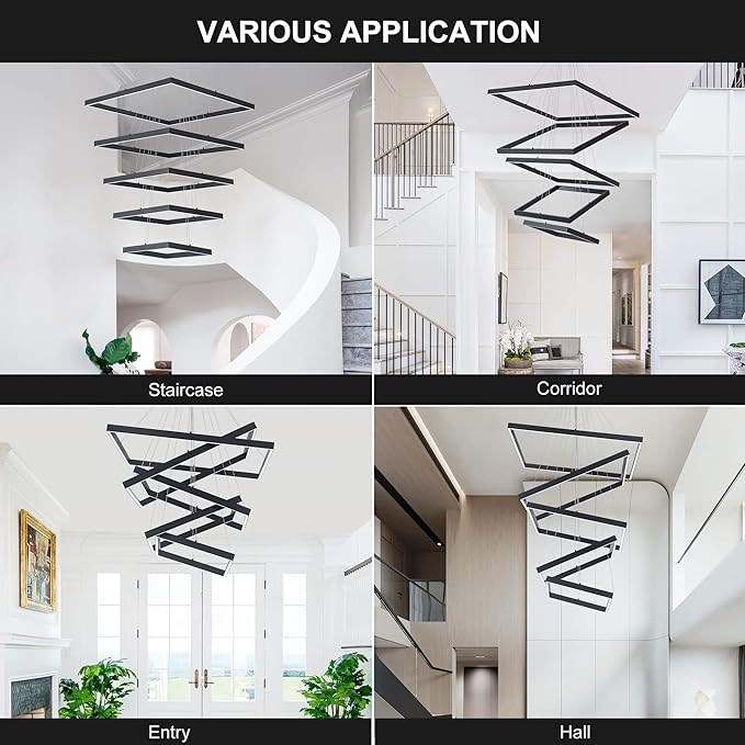 Square Led Chandelier Modern Led Hanging Light 5-Rings Contemporary Ceiling Pendant Light Dimmable Pendant Light for Living Room Kitchen Dining Room 15.7"+19.6"+23.6"+27.5"+31.4" Black