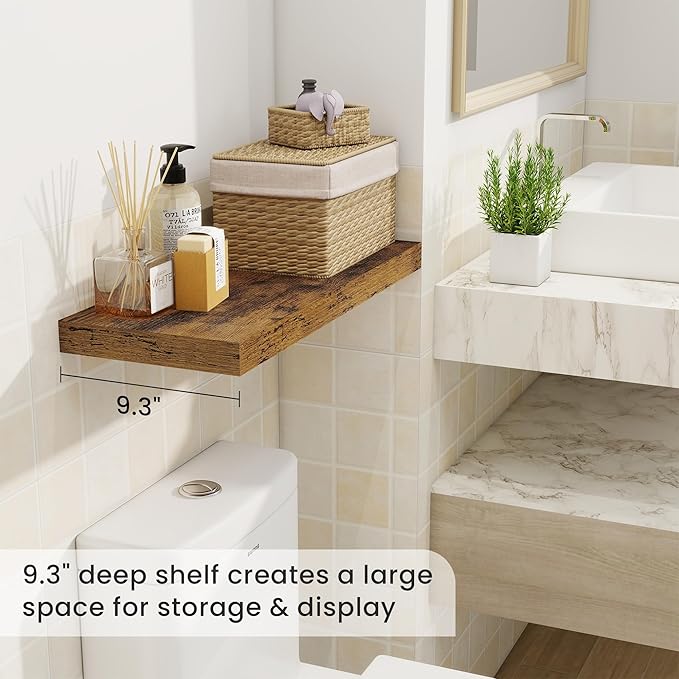 Fun Memories 24 Inch Floating Shelves for Wall, 9 Inch Deep Brown Rustic Wood Wall Mounted Shelves for Bathroom, Kitchen, Living Room, Set of 2