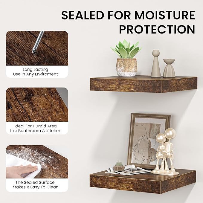 Square Floating Shelves for Wall, 12"W x 12"D x 1.2"H, Small Wooden Wall Mounted Display Shelf with Invisible Brackets for Living Room, Bedroom, Bathroom, Kitchen Decor, Set of 3, Rustic Brown