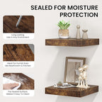 Square Floating Shelves for Wall, 10"W x 10"D x 1.2"H, Small Wooden Wall Mounted Display Shelf with Invisible Brackets for Living Room, Bedroom, Bathroom, Kitchen Decor, Set of 4, Rustic Brown
