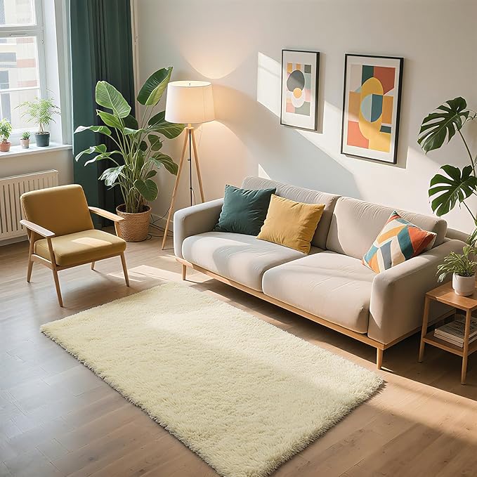 Shag Area Rug for Bedroom 3x5,Ivory Fluffy Area Rugs for Living Room,Soft Fuzzy Rug Non-Shedding Indoor Plush Carpet for Kids Bedroom Nursery Dorm Home Decor