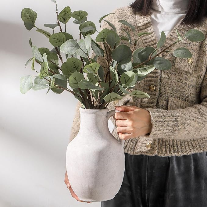 Ceramic Flower Vase Home Decor - 10 Inch Large White Rustic Table Flowers Vases Living Room Bedroom Plant Decorations Farmhouse Vintage for Kitchen Shelf Office Coffee Dining Desk House Women