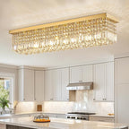 Siljoy 8-Lights Rectangular Flush Mount Ceiling Light Gold Rectangle Modern Crystal Chandelier Farmhouse Close to Ceiling Raindrop Pendant Light Fixture for Dining Living Room Kitchen Island L40''