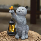 Solar Cat Garden Statue Outdoor Decor, Cat Sculpture with Lantern and Butterfly for Yard Lawn Patio Balcony, Birthday Housewarming Gifts for Mom, Grandma, Women, 9.4 inch, Resin