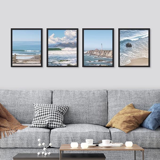 SIGNWIN Framed White Aerial View Blue Ocean Wave Beach Shore Wall Art, Set of 4 Landscape Colorful Wall Decor Prints, Nature Wilderness Wall Décor for Living Room, Bedroom - 12"x16" Black