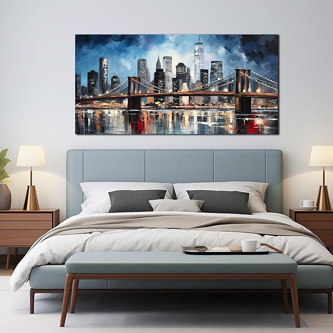 Brooklyn Bridge Wall Art for Bedroom,Modern City Large Canvas Wall Art Living Room,Blue Home Office Decor 29 x 59 Inch