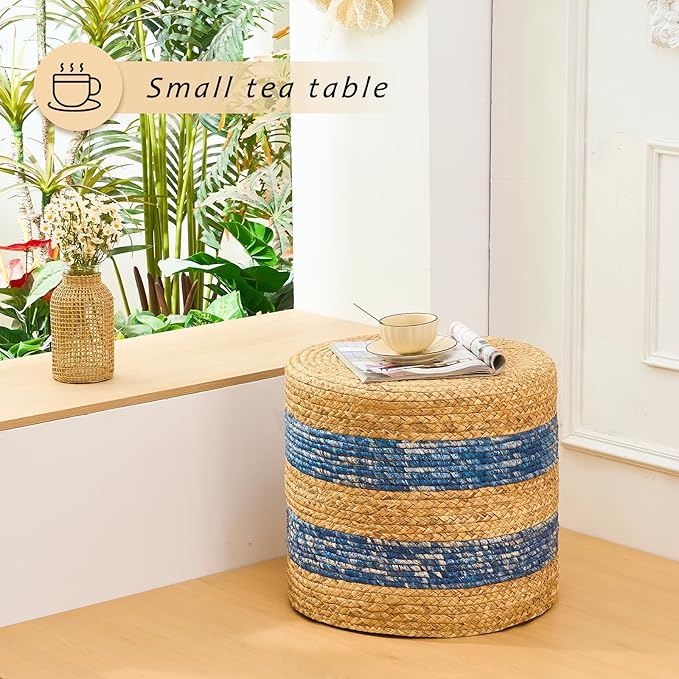 Handwoven Ottoman Pouf, Natural Water Hyacinth Footstool, Round Braided Outdoor Seat with Sturdy Frame, Boho Accent Stool for Patio, Balcony, or Garden (Blue)
