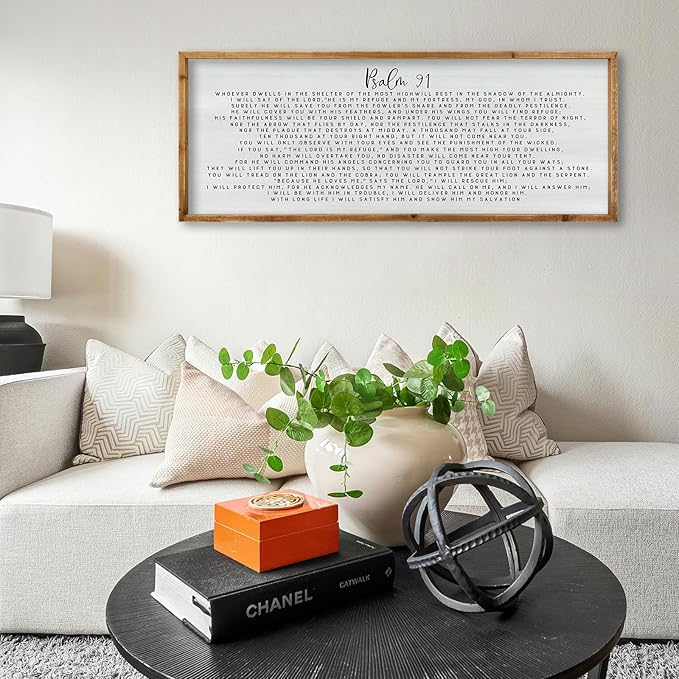 ZZJJHYWGQ Bible Verse Wall Decor Psalm 91 Wall Art 32"×12" Scripture Print Sign for Living Room Home Religious Prayer Room Family Christian Inspirational Quotes Catholic Wall Hanging (Wood)