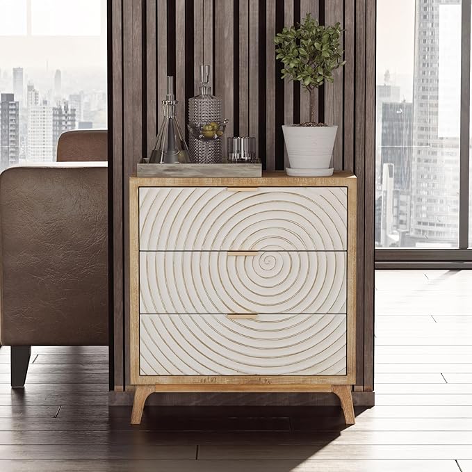 LONYKE Farmhouse 3 Drawer Dresser X 2P, White Nightstand with Handcrafted Wood Ring Motif for Bedroom, Rustic & Natural, Fully Assembled, Boho