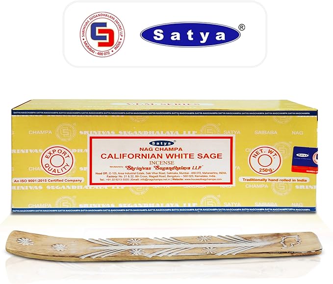Satya Californian White Sage Incense Sticks 250 gm Pack, Sai Baba Insenses with Raajsee Insence Holder Bundle, Nag Champa Natural Incense
