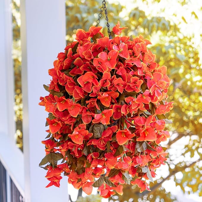 Bougainvillea Artificial Fall Flowers Fake Plants for Outdoors Autumn Decoration, 3PCS Faux Silk Hanging Trailing Vines with Baskets UV Resistant Realistic for Front Door Patio Balcony, Fall Orange
