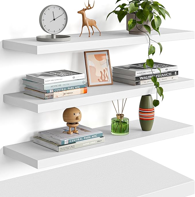 23’’White Floating Shelves for Wall,Rustic Wood Shelf for Room Decor/Storage/Display,Small Bookshelf,Wall Mounted Hanging Shelves for Bedroom, Bathroom, Living Room, Kitchen,Set of 4