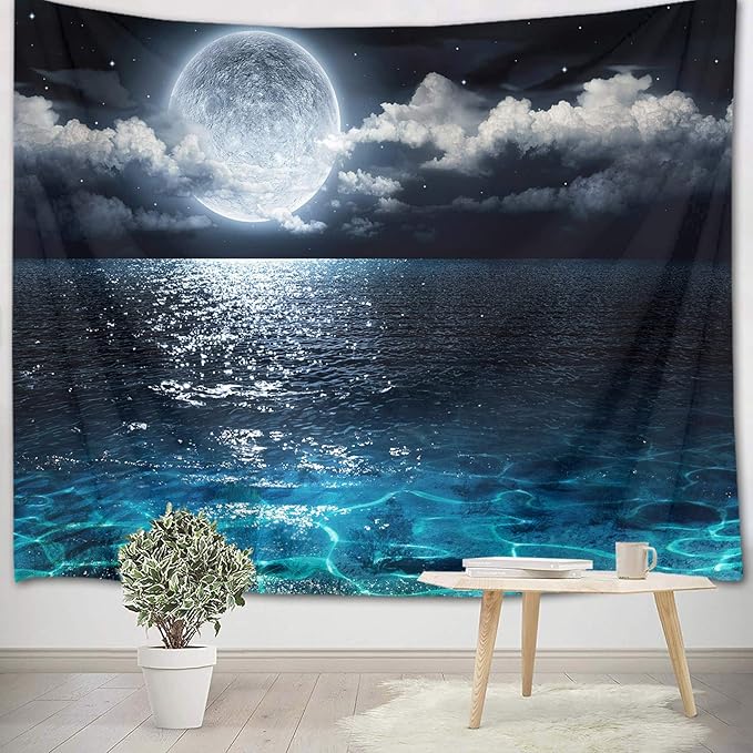 LB Blue Ocean Moon Tapestry White Cloud and Full Moon Over Ocean Tapestry Wall Hanging Fantasy Night Sky Wall Art for Bedroom Living Room Dorm Wall Decor,80 x 60 Inches