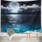 LB Blue Ocean Moon Tapestry White Cloud and Full Moon Over Ocean Tapestry Wall Hanging Fantasy Night Sky Wall Art for Bedroom Living Room Dorm Wall Decor,80 x 60 Inches