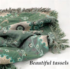 MSGKV Green Boho Throw Blanket for Bed Couch,100% Cotton Mexican Picnic Blankets Travel Blanket 80''x 90'', Super Soft Lightweight Muslin Blanket for Bedroom Living Room Boho Decor