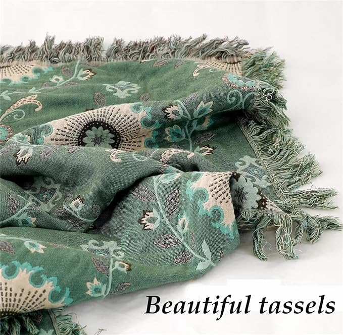 MSGKV Green Boho Throw Blanket for Bed Couch,100% Cotton Mexican Picnic Blankets Travel Blanket 80''x 90'', Super Soft Lightweight Muslin Blanket for Bedroom Living Room Boho Decor