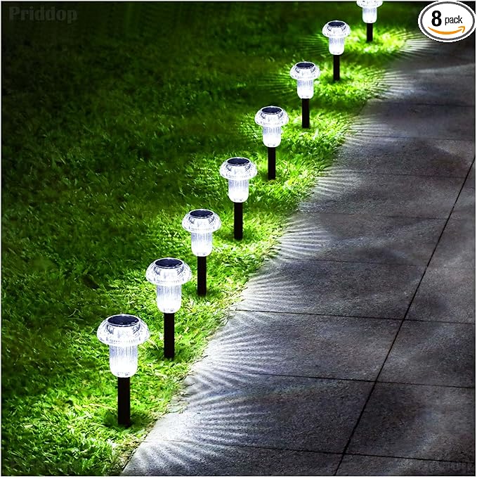 Solar Lights Outdoor Pathway Waterproof 8 Pack Cold White LED Acrylic Mushroom Decorative Garden Lights for Yard Landscape Patio Outside Decor
