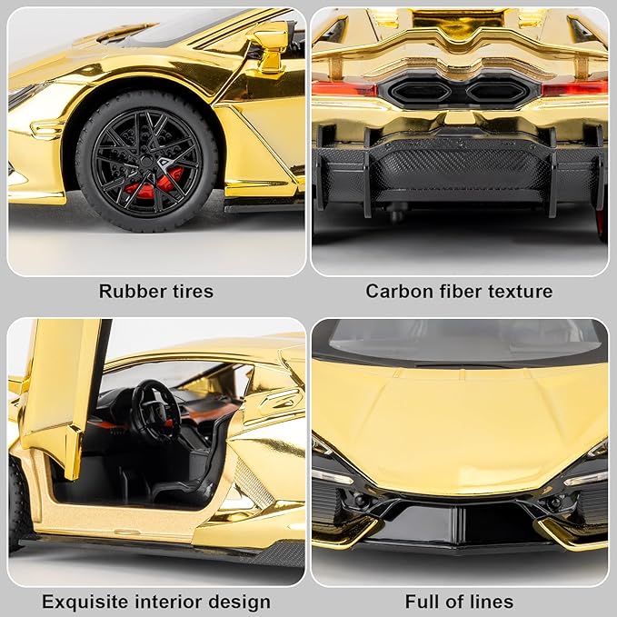 1/24 Scale Gold Lambo Revuelto Diecast Car Model, Collectible Diecast Toy Car with Lights and Sounds, Pull Back Vehicles Toy for Adults Kids Birthday Gifts Decoration