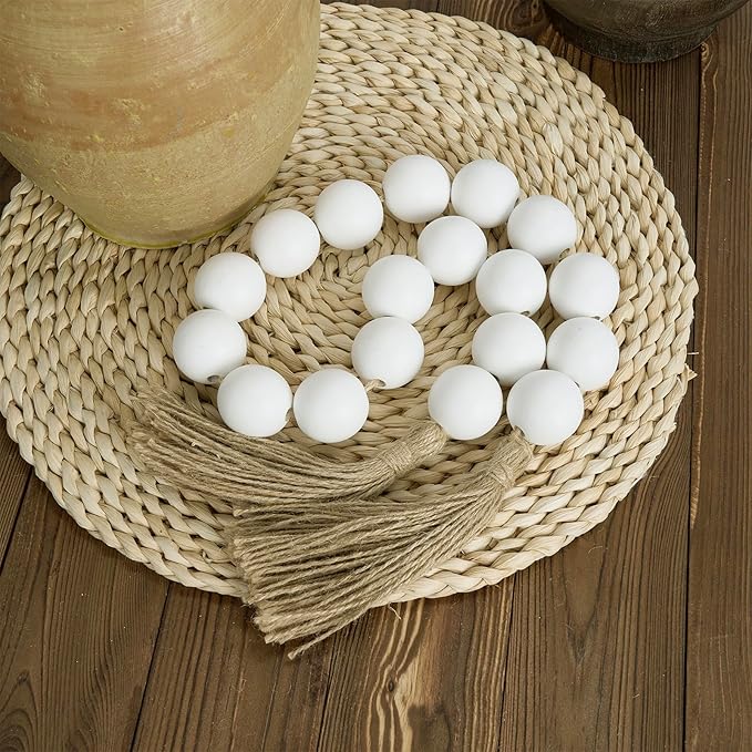 OMISHE Extra Large Wood Bead Garland White with 1.6" Diameter Wooden Beads and Tassels, 41" Long Rustic Farmhouse Country Decorative Beads for Home Tiered Tray Decor, White